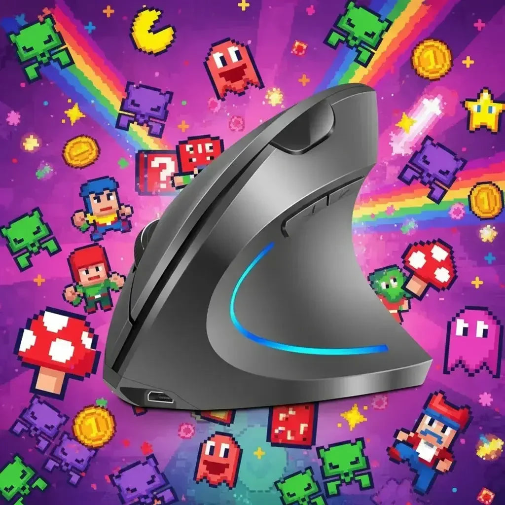 Ergonomic vertical gaming mouse with LED on a colorful retro pixel art video game background