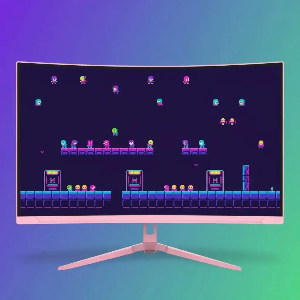 Curved gaming monitor displaying colorful retro pixel art platformer game on gradient background
