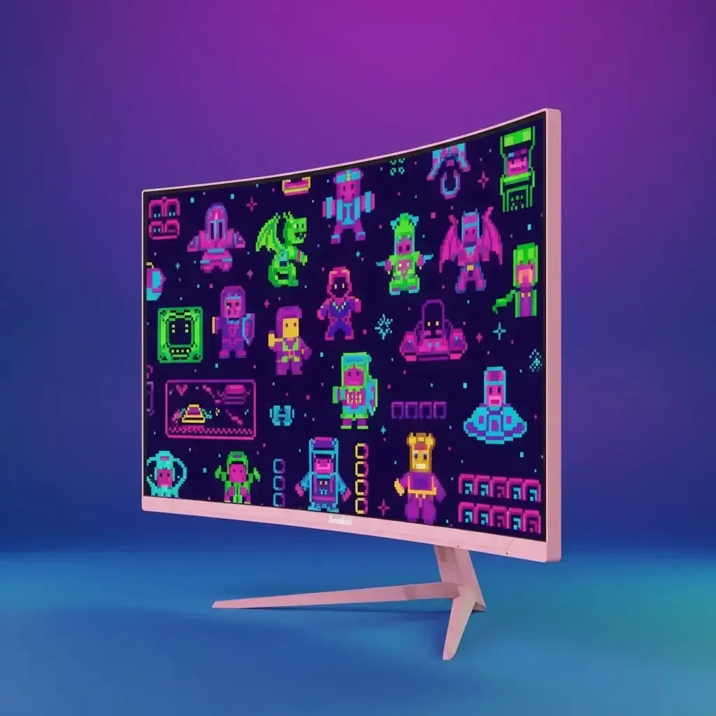 Curved pink gaming monitor displaying colorful pixel art characters on a purple gradient background.