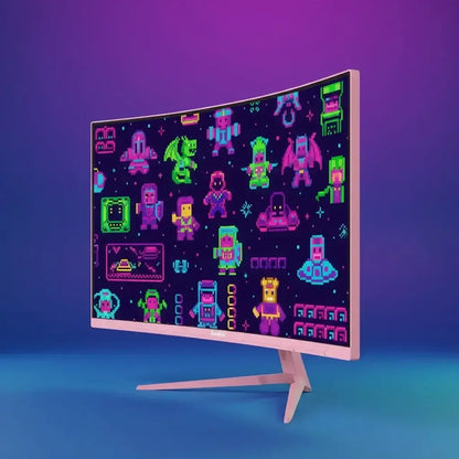 Curved pink gaming monitor displaying colorful pixel art characters on a purple gradient background.