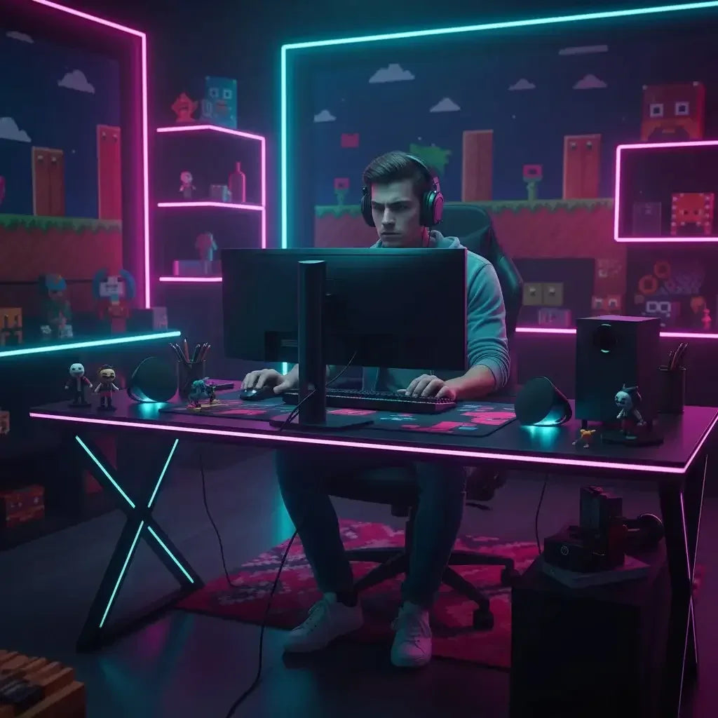 Young man wearing headphones gaming at dual monitors in neon-lit gaming room with pixel art decor