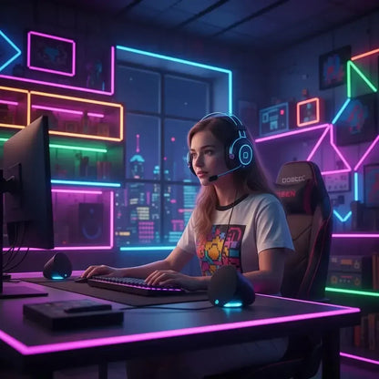 Young woman gamer wearing headset and gaming t-shirt in colorful neon-lit gaming room with PC and accessories