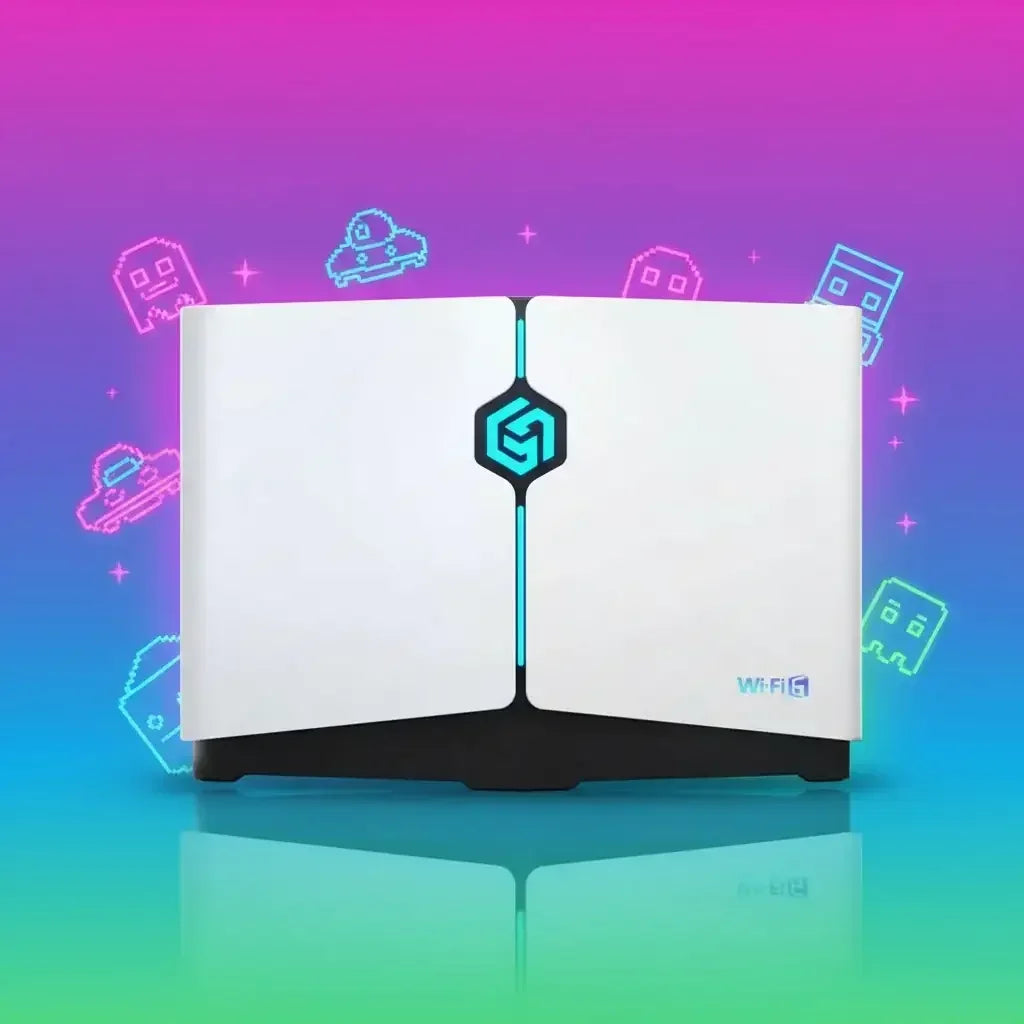 White Wi-Fi 6 router with neon gaming icons on colorful gradient background