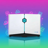 White Wi-Fi 6 router with neon gaming icons on colorful gradient background