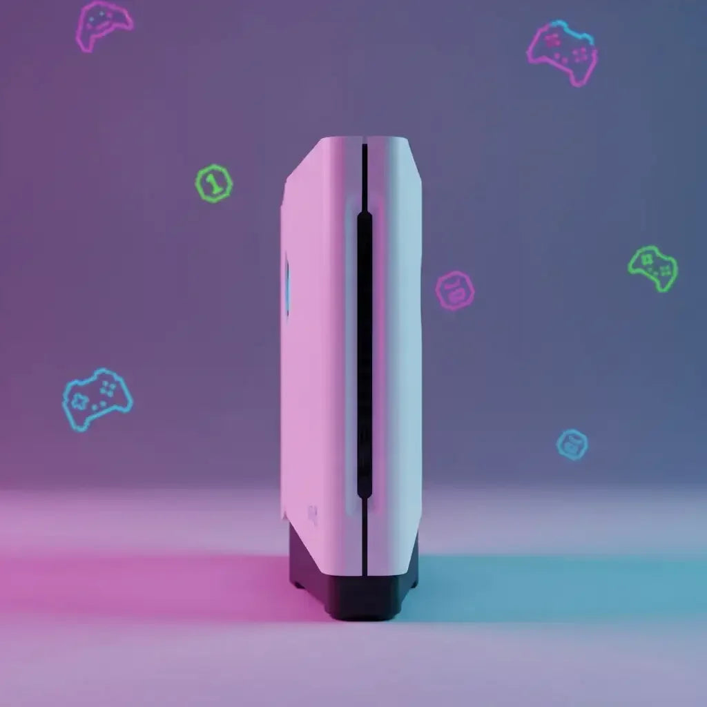 Side view of a white gaming console with neon game controller icons floating on purple and blue background
