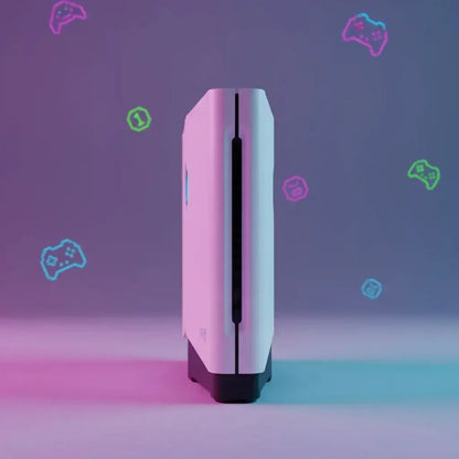Side view of a white gaming console with neon game controller icons floating on purple and blue background