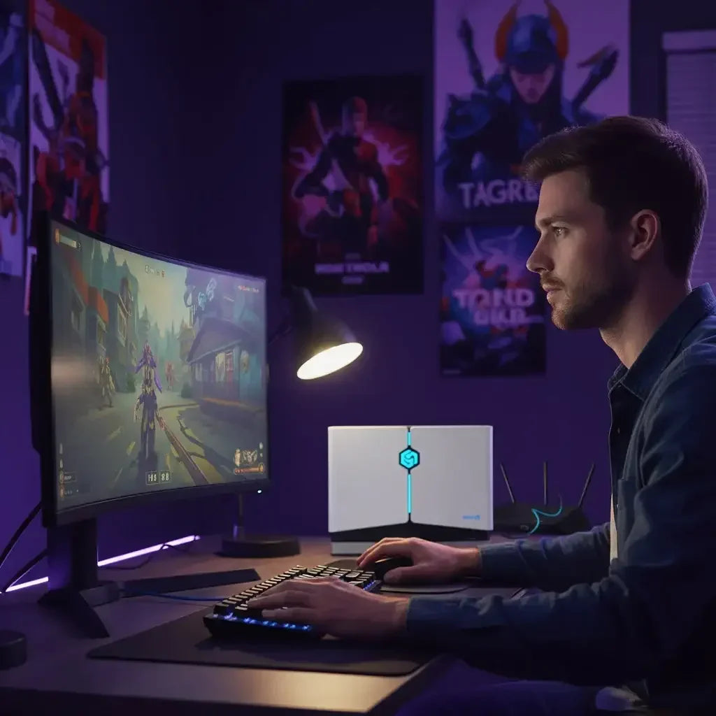 Man playing a fantasy video game on a curved monitor in a dark gaming room with colorful posters