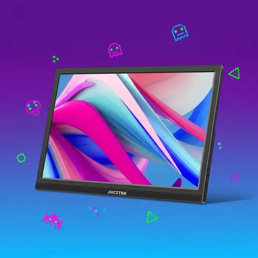 Portable JHCZTRK monitor with colorful abstract screen on purple to blue gradient gaming background