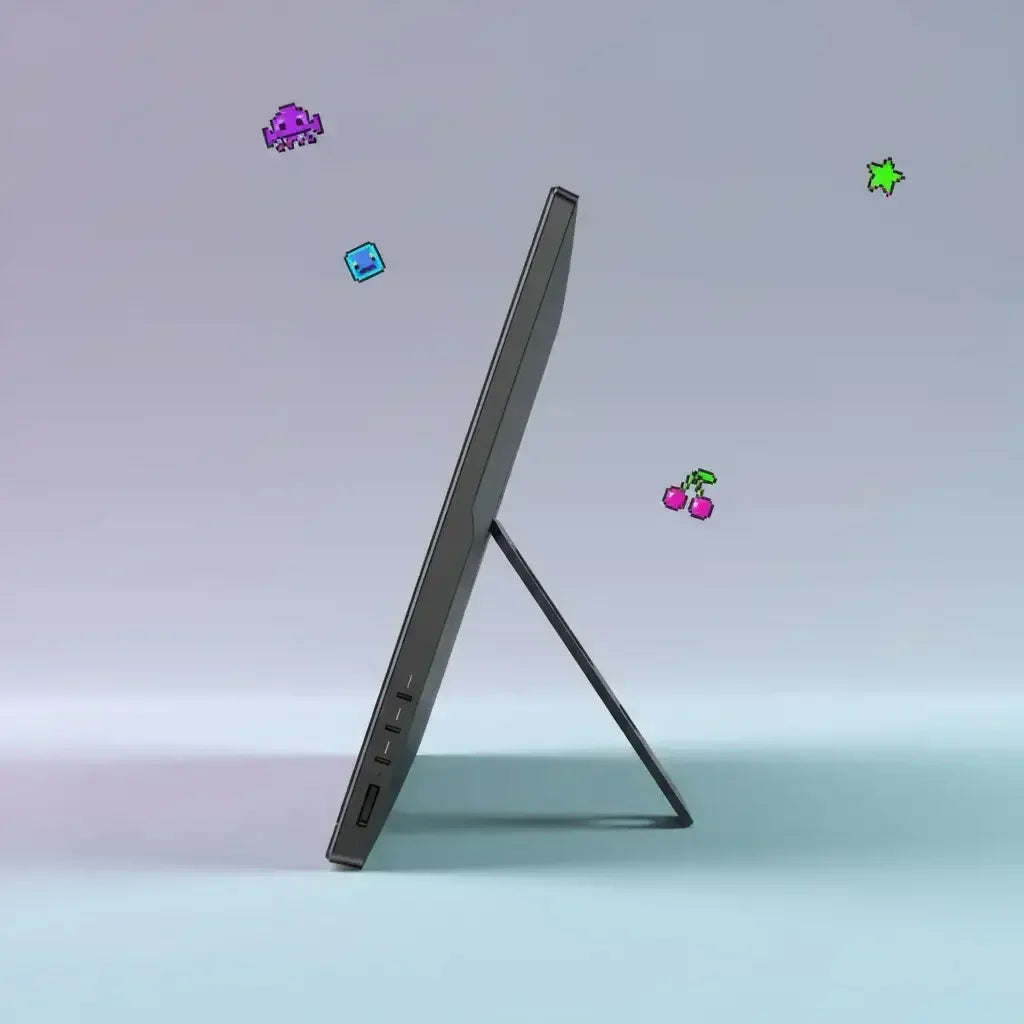 Side view of a sleek black tablet with kickstand on a light blue surface, pixel art icons floating