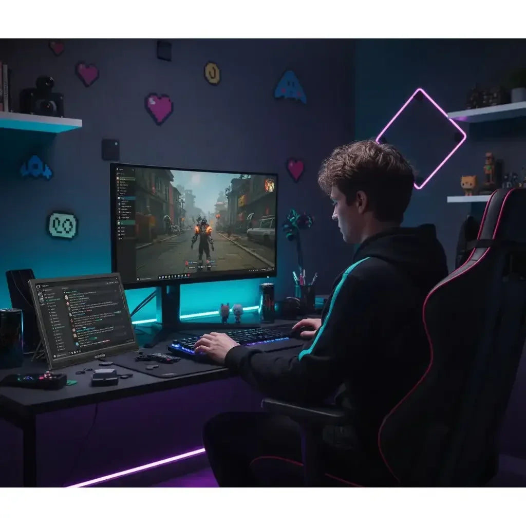 Young man gaming at a dual-monitor setup with RGB lighting and pixel art wall decor