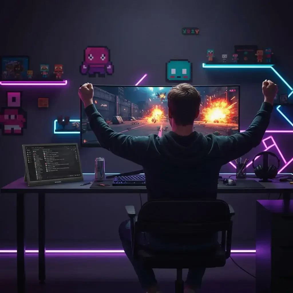 Gamer celebrating victory in dark gaming room with neon pixel art and dual monitors
