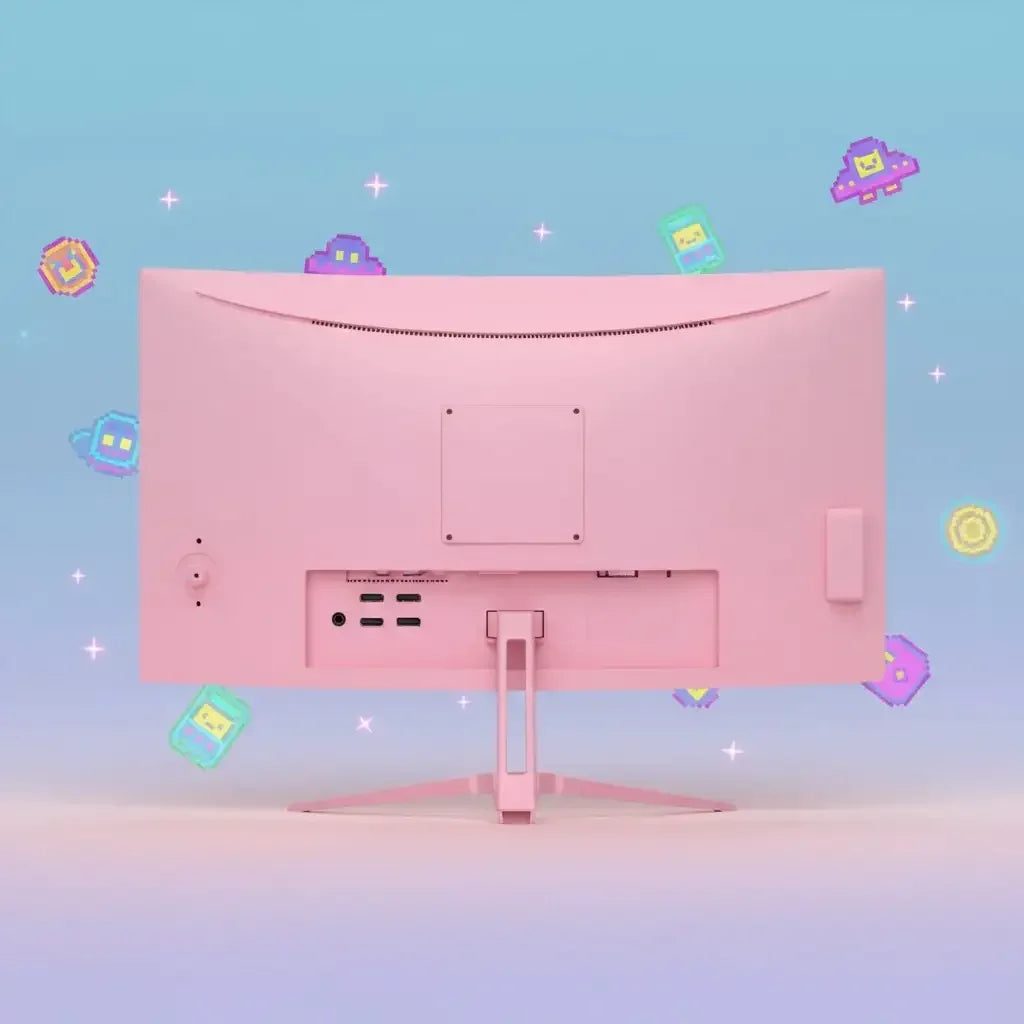 Pink computer monitor back view with colorful pixel art icons and pastel blue background