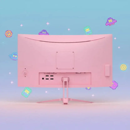 Pink computer monitor back view with colorful pixel art icons and pastel blue background