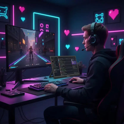 Young male gamer with headset playing action game on dual monitors in neon-lit room with pixel art hearts