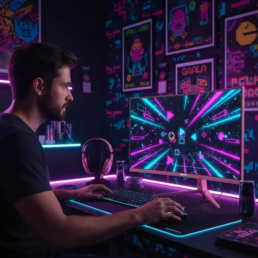 Man gaming at RGB-lit setup with neon retro posters and vibrant synthwave visuals on monitor
