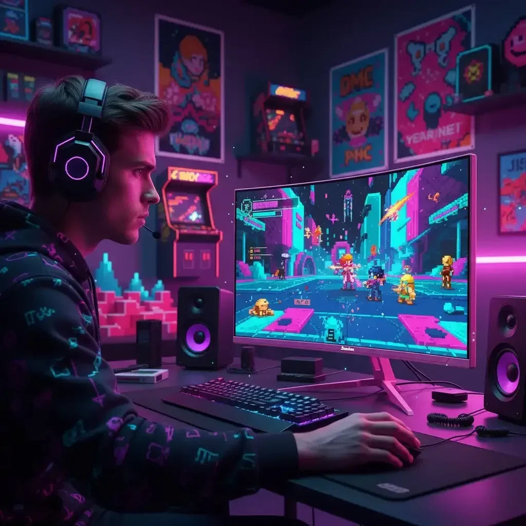 Gamer with headset playing a pixel art video game on PC in neon-lit gaming room with retro posters.