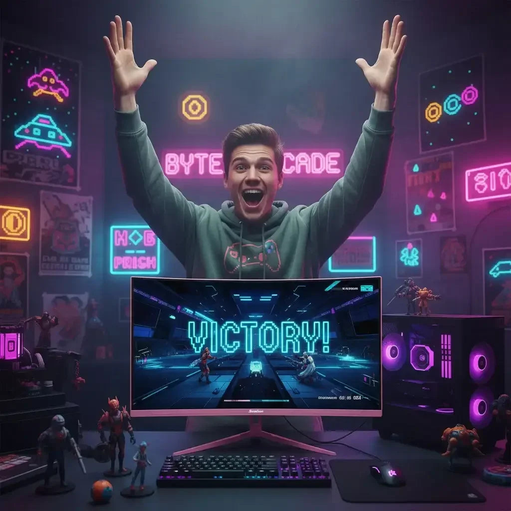 Gamer celebrating victory at neon-lit gaming setup with PC, monitor, and action figures
