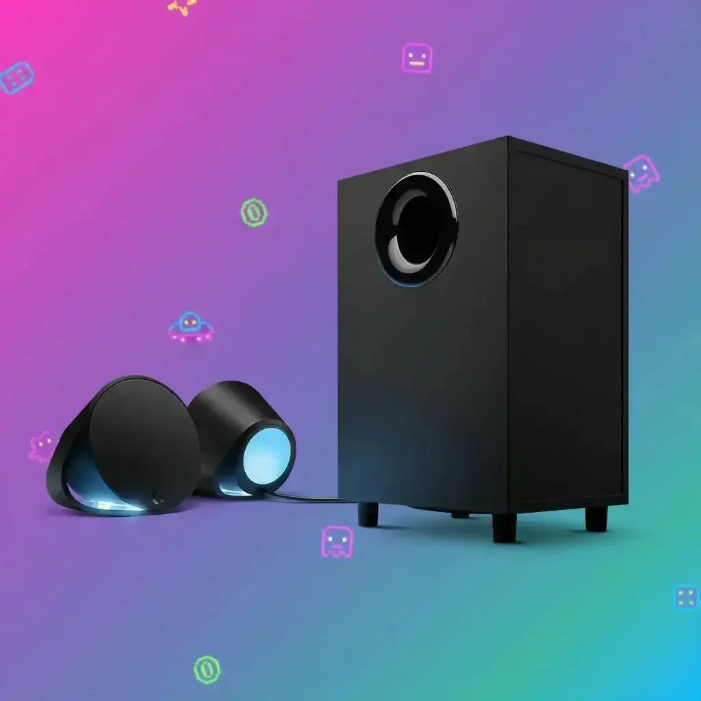 Black compact speaker set with blue LED lights and a subwoofer on colorful gradient background with gaming icons