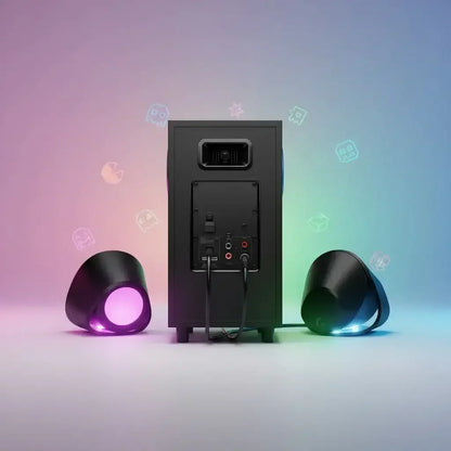 Back view of black gaming speaker system with glowing purple and blue satellite speakers on gradient background