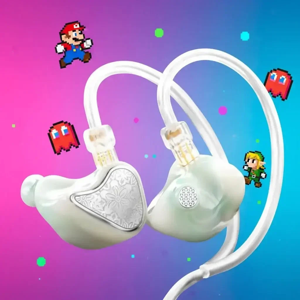 White in-ear monitors with floral design on a colorful background featuring 8-bit video game characters.
