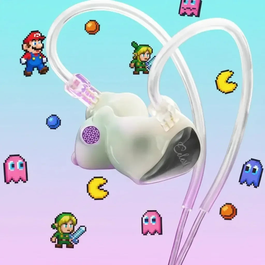 Custom in-ear monitor with clear cables on a colorful retro video game background