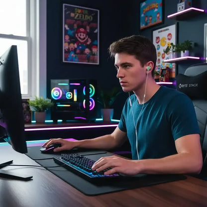 Young man gaming at RGB-lit desk with posters, PC, and headphones in modern setup