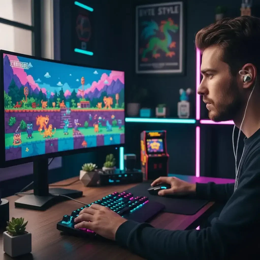 Man gaming at neon-lit desk with RGB keyboard, playing pixel art adventure on monitor