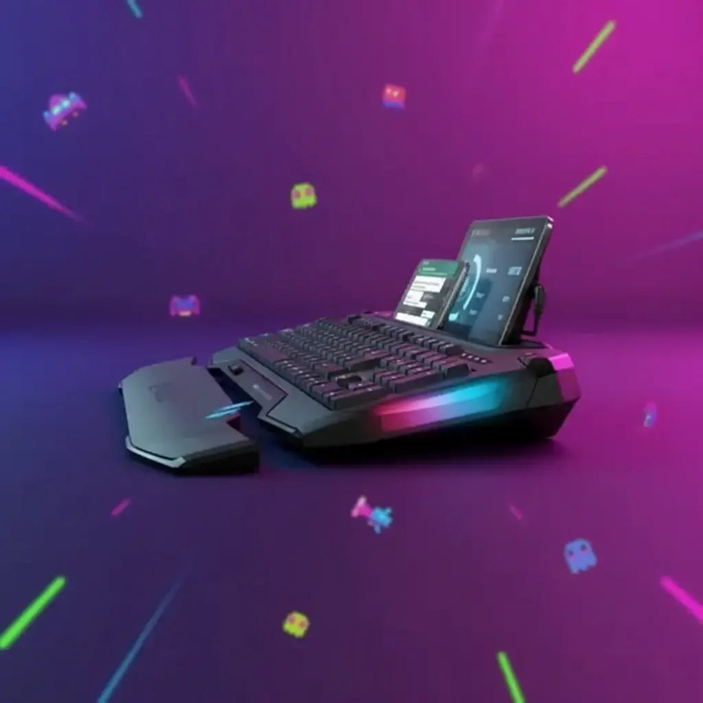 Gaming keyboard with RGB lighting and phone dock on neon purple background with pixel art.