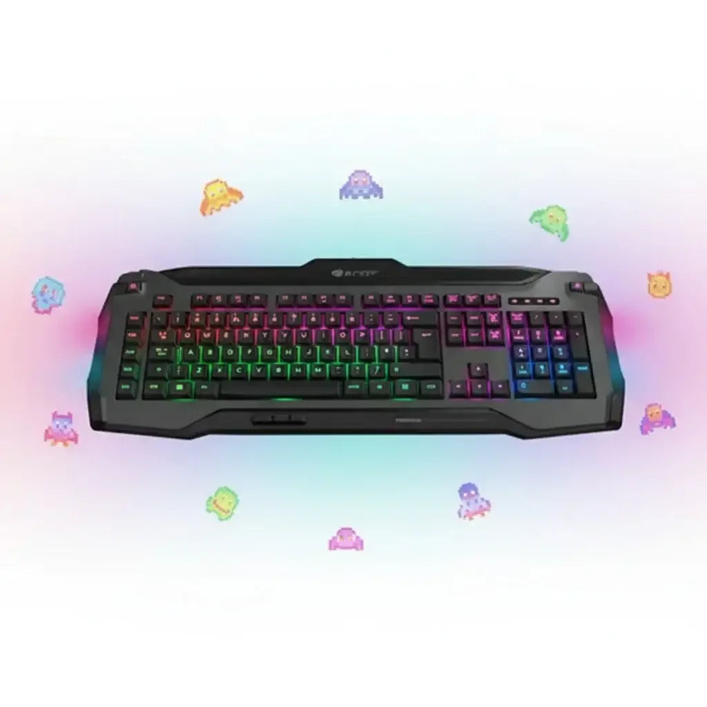 RGB gaming keyboard with colorful LED backlight, surrounded by pixel art characters on white