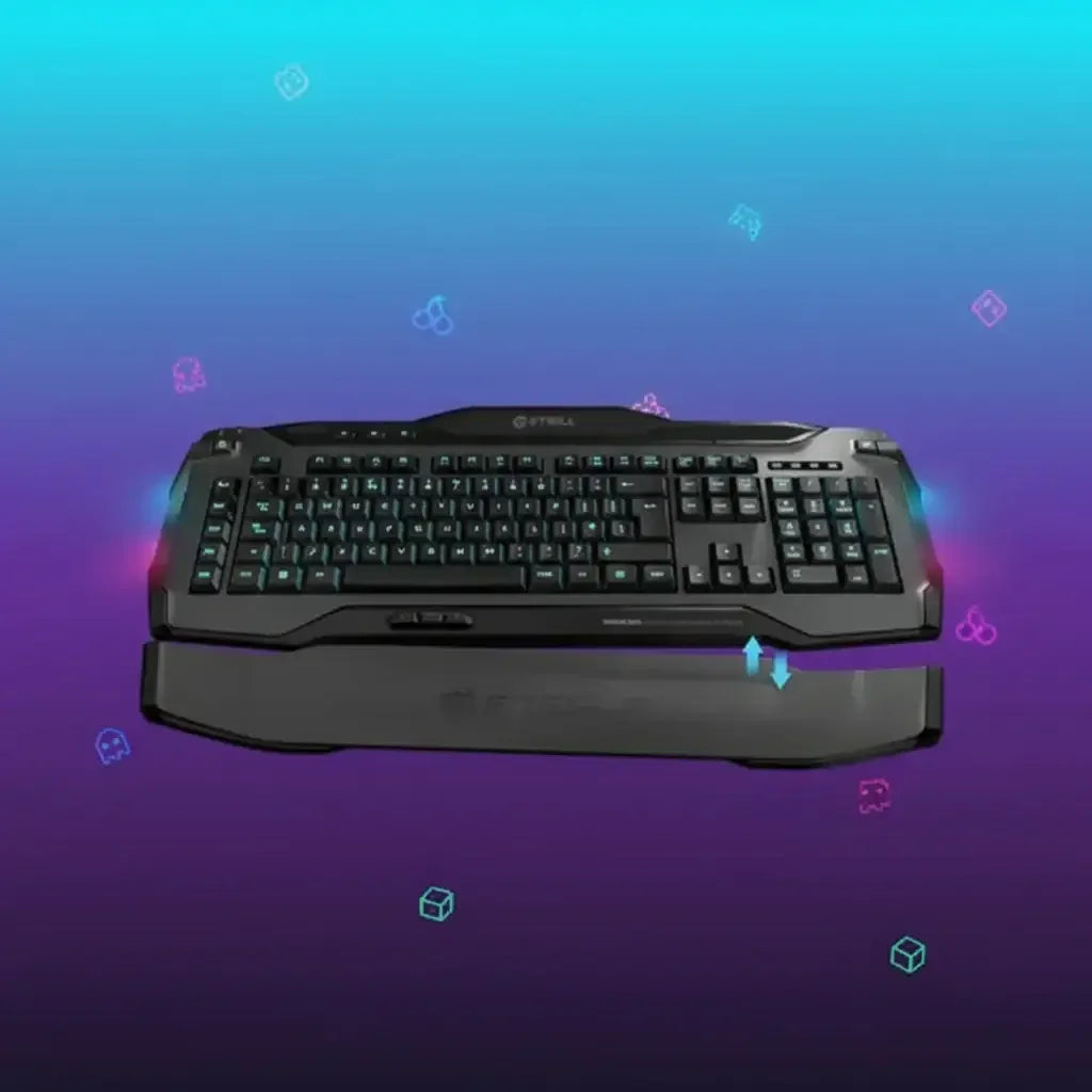 Black gaming keyboard with wrist rest on a blue and purple gradient background