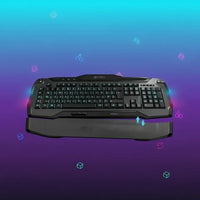 Black gaming keyboard with wrist rest on a blue and purple gradient background