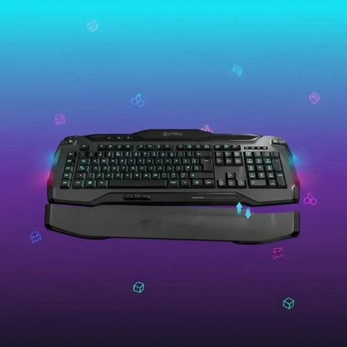 Black gaming keyboard with wrist rest on a blue and purple gradient background