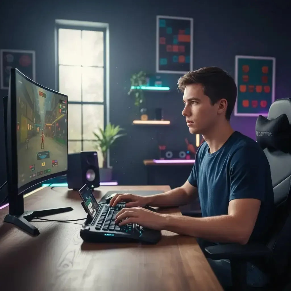 Young man gaming on a curved monitor in a modern RGB-lit home office setup