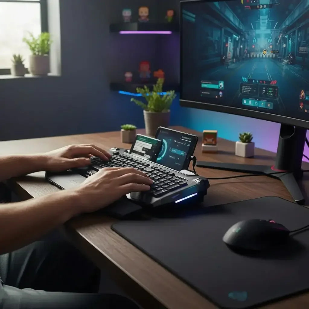 Gamer using mechanical keyboard and curved monitor in RGB-lit gaming setup