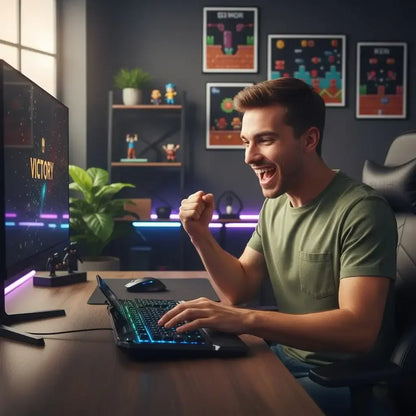 Happy gamer celebrating victory at a desktop computer in a modern gaming room