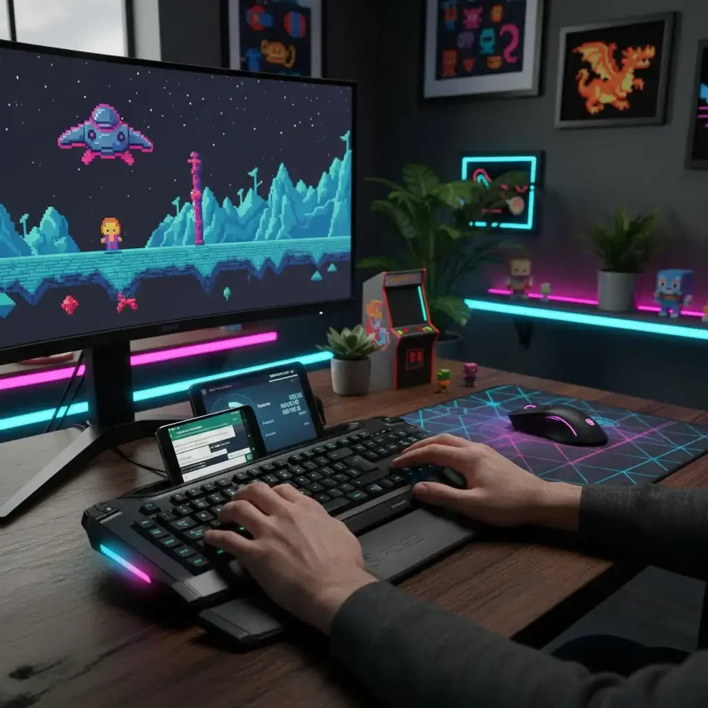 Person gaming at RGB-lit desk with mechanical keyboard and retro pixel art decor