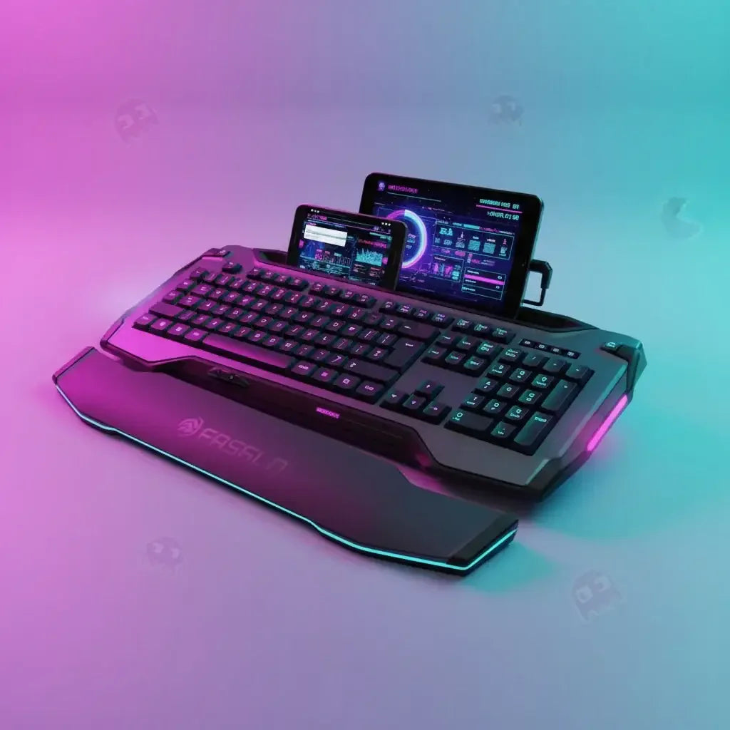 RGB backlit gaming keyboard with phone and tablet stand, futuristic setup on colorful gradient background