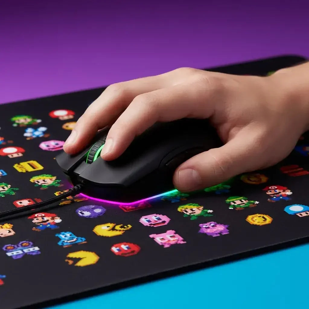 Hand using RGB gaming mouse on pixel art mouse pad with retro video game icons