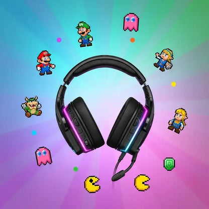 Black gaming headset with pink and blue LED lights surrounded by pixel art characters Mario, Luigi, Pac-Man, and others on colorful background