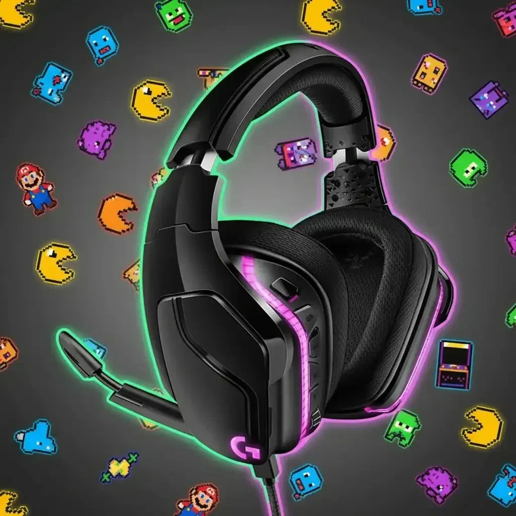 Black gaming headset with pink LED lights and microphone surrounded by retro pixel art game characters