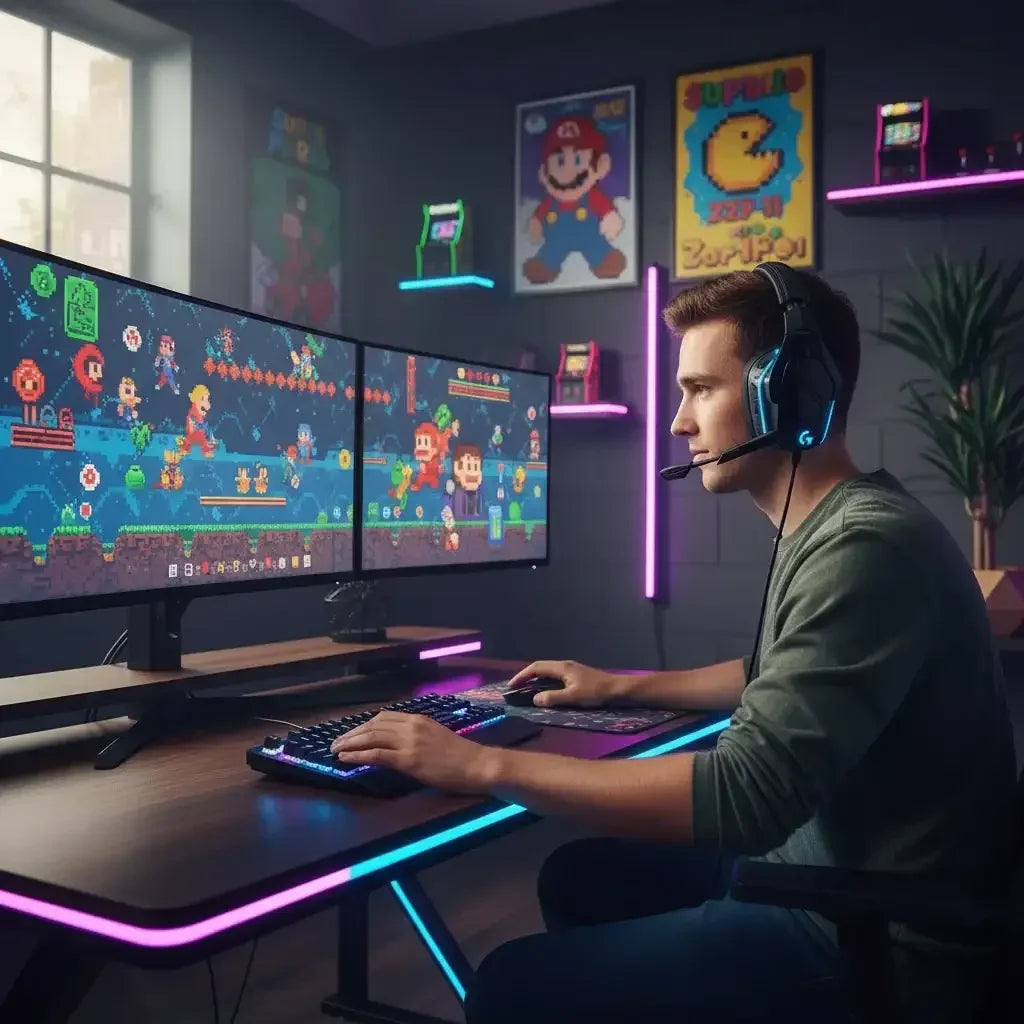 Young man with headset gaming on dual monitors showing pixel art platformer, colorful RGB keyboard and LED setup