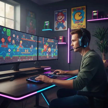 Young man with headset gaming on dual monitors showing pixel art platformer, colorful RGB keyboard and LED setup