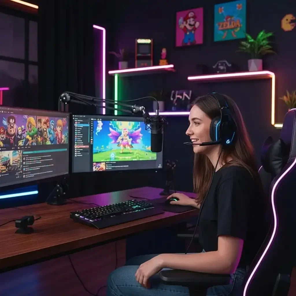 Young female gamer with headset streaming video games on dual monitors in colorful neon-lit gaming room