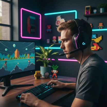 Young man wearing gaming headset playing pixel art video game on desktop with neon wall lights