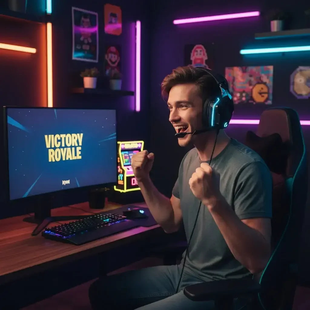 Excited young gamer celebrating victory royale in colorful neon-lit gaming room with headset