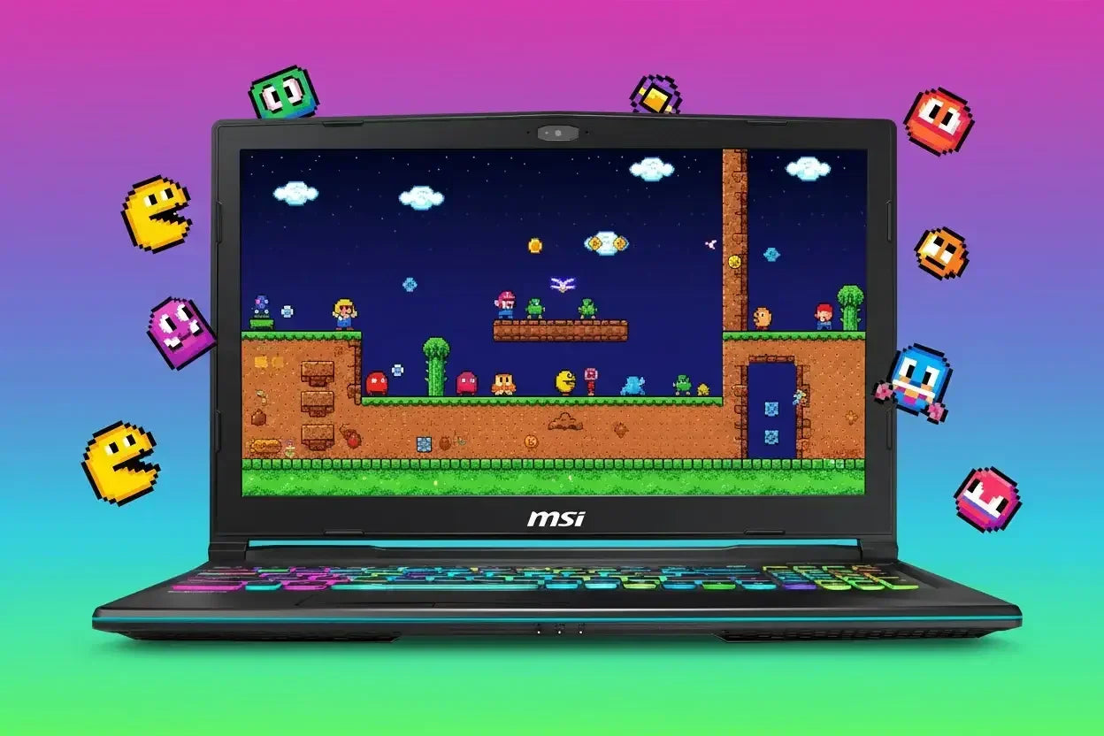 MSI gaming laptop displaying colorful retro pixel art video game, with Pac-Man style characters.