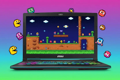 MSI gaming laptop displaying colorful retro pixel art video game, with Pac-Man style characters.