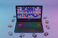MSI gaming laptop with RGB keyboard, pixel art video game on screen, pixel character cutouts