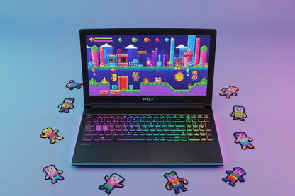 MSI gaming laptop with RGB keyboard, pixel art video game on screen, pixel character cutouts