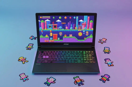 MSI gaming laptop with RGB keyboard, pixel art video game on screen, pixel character cutouts